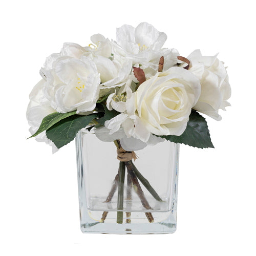 Rosa y cerezo blanco en vidrio 16 cm