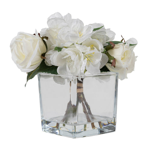 Rosa y cerezo blanco en vidrio 16 cm