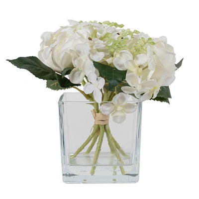 Rosa y hortensia en vasija de vidrio 16 cm