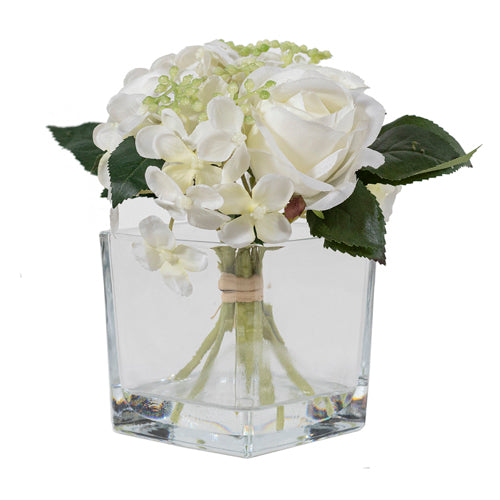 Rosa y hortensia en vasija de vidrio 16 cm