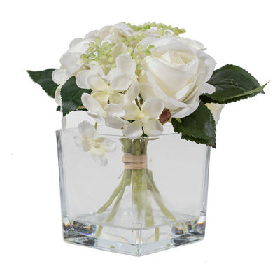 Rosa y hortensia en vasija de vidrio 16 cm